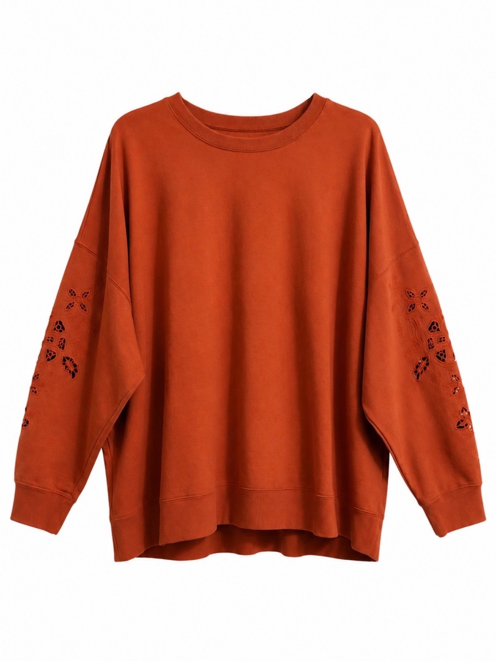 Maurices Rust Oversized Crewneck Sweatshirt with Eyelet Floral Sleeve Cutout.